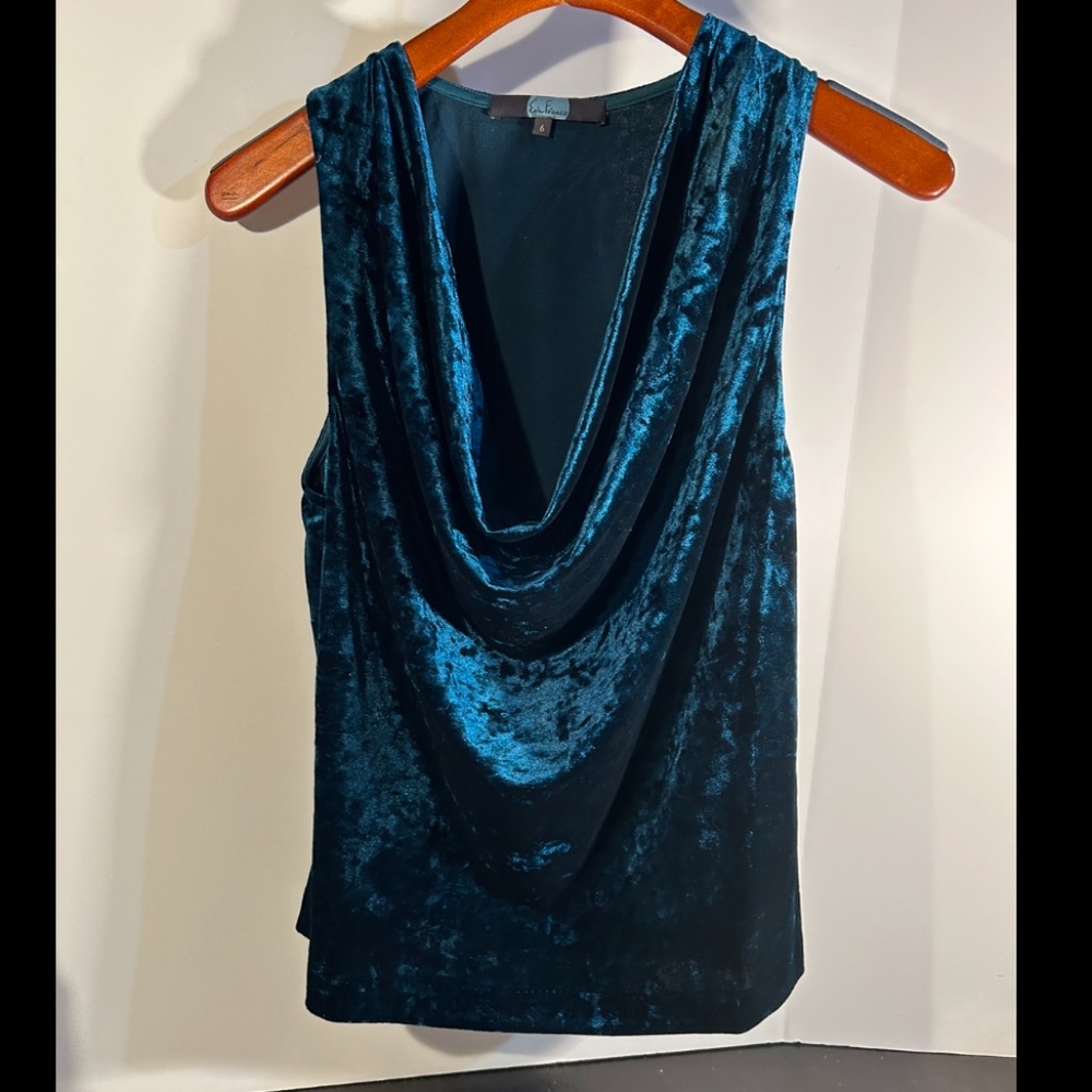 NWOT Eva Franco Blue Velvet Sleeveless Draped Neck Blouse Size 6